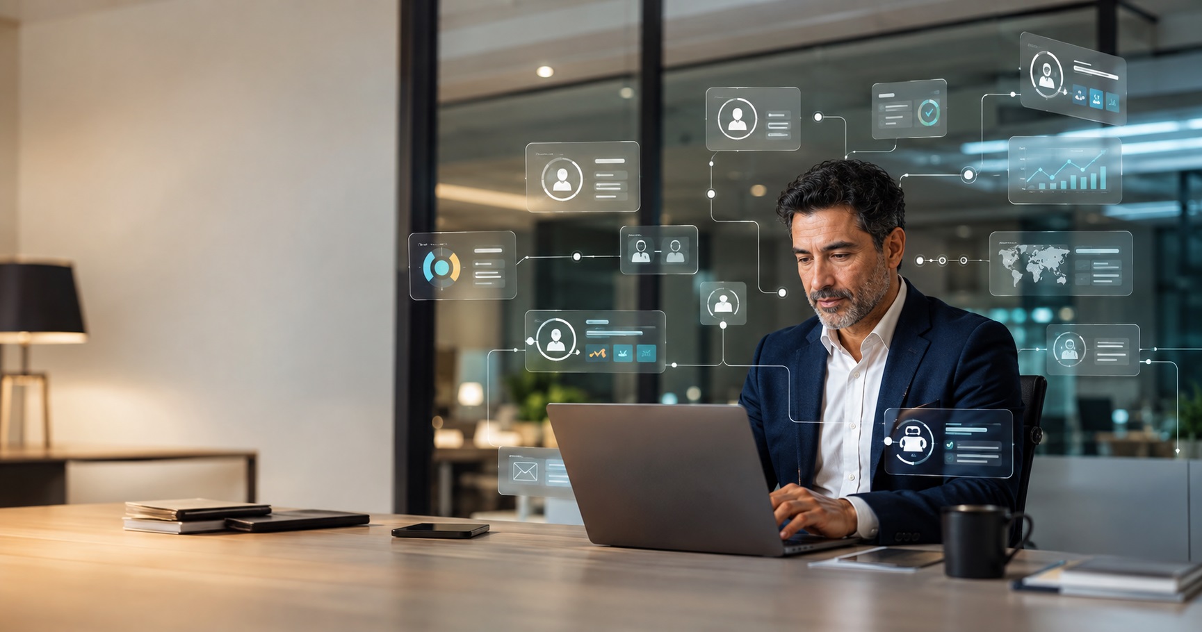 Profesional trabajando con su portátil rodeado de iconos de agentes de inteligencia artificial