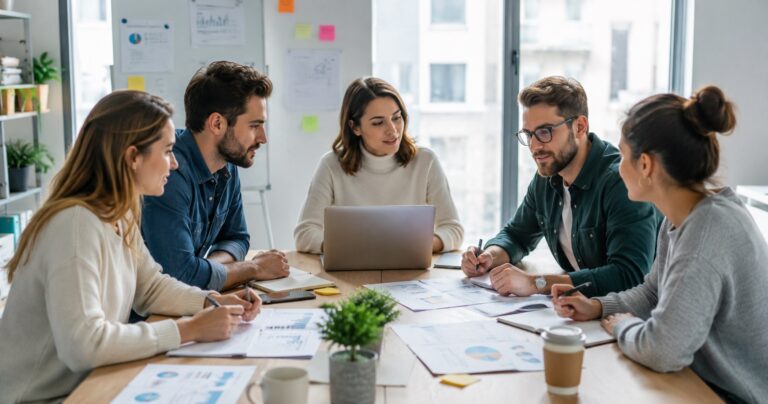 Equipo de marketing reunido en una oficina revisando datos y gráficos