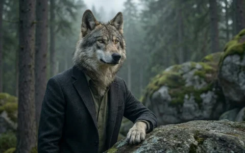 Lobo vestido con traje sentado sobre una roca en el bosque