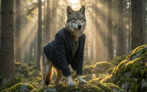 Lobo vestido con traje avanzando por el bosque