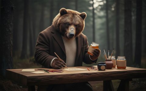 Oso vestido tomando notas en su mesa de trabajo en el bosque