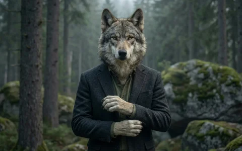 Lobo vestido con traje en pie en el bosque