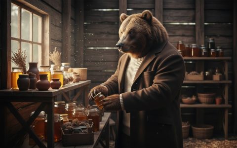 Oso vestido preparando sus productos en la tienda del bosque