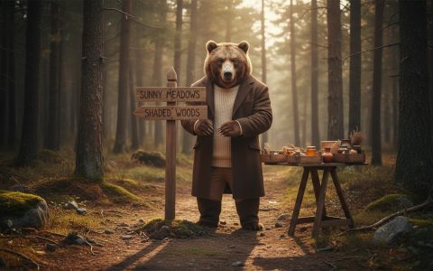 Oso vestido junto a un cartel indicador en un camino del bosque